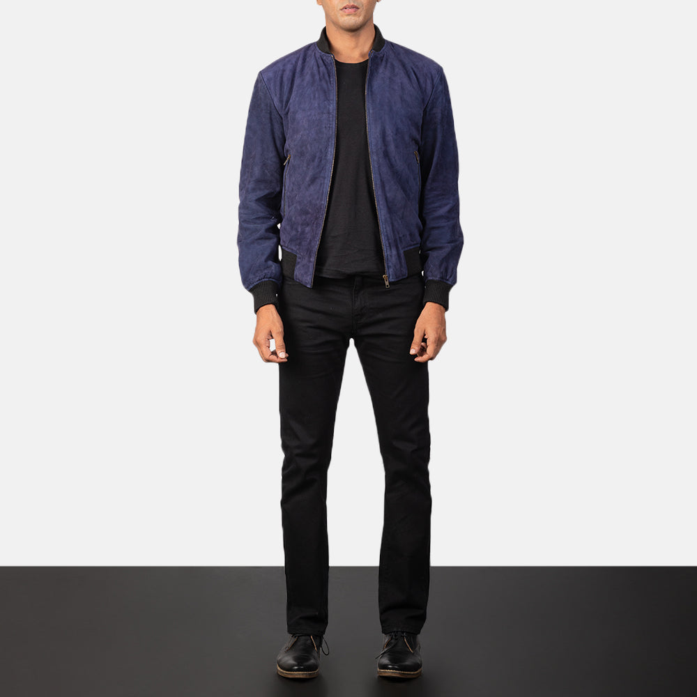 Men's Shane Navy Blue Suede Bomber Jacket - Seitenansicht mit ergonomischem Ärmelschnitt