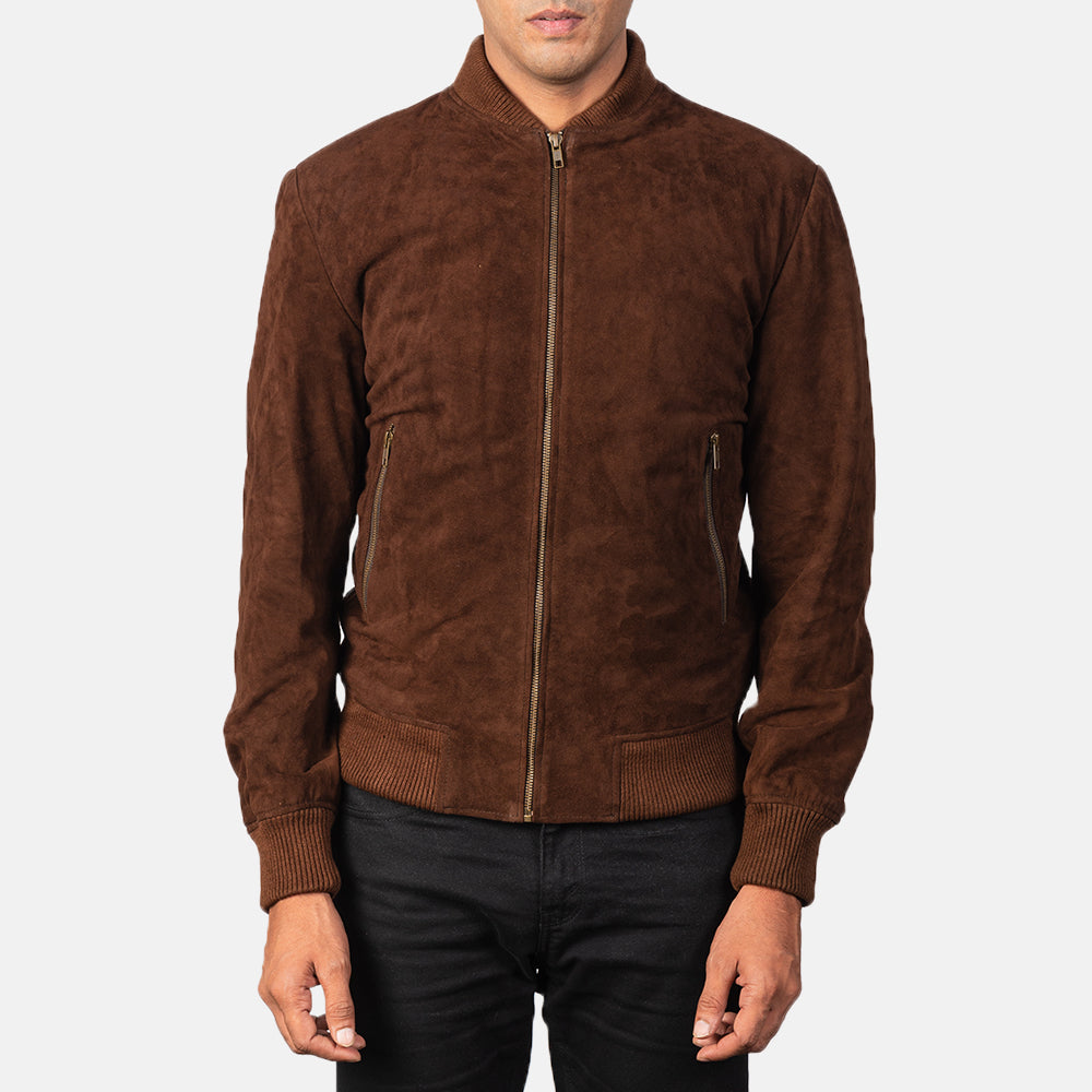 
Detailansicht of Varsity & Zipper Hardware on Shane Dark Mocha Brown Suede Bomber Jacket