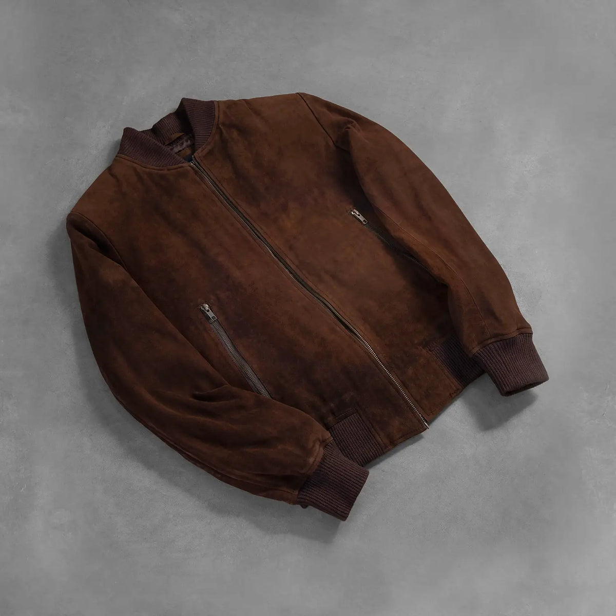 
Rib Knit & Hem Craftsmanship Construction Detail on Shane Dark Mocha Brown Suede Bomber Jacket