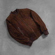 
Rib Knit & Hem Craftsmanship Construction Detail on Shane Dark Mocha Brown Suede Bomber Jacket