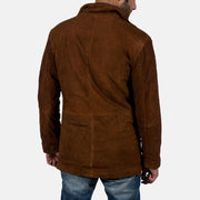 Detailansicht of High neck &amp; Zipper with Button Flap Hardware on Men's Sheriff Braun Wildlederjacke für Herren