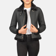 Women's Sherilyn B-3 Distressed Black Leather Bomber Jacket in Distressed Black Sheepskin Snuffed - Vorderansicht &amp; maßgeschneiderte Silhouette | Online Kaufen