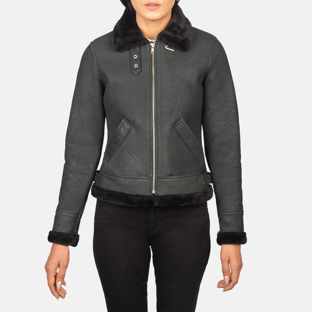 Detailansicht of Buckled Collar &amp; Zipper Hardware on Women's Sherilyn B-3 Distressed Black Leather Bomber Jacket