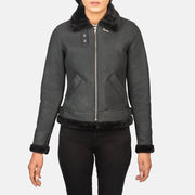Detailansicht of Buckled Collar &amp; Zipper Hardware on Women's Sherilyn B-3 Distressed Black Leather Bomber Jacket