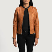 
Sleeky Clean Hellbraun Leder-Bikerjacke für Damen in Tan Brown Sheepskin Leather - Vorderansicht & maßgeschneiderte Silhouette | Online Kaufen