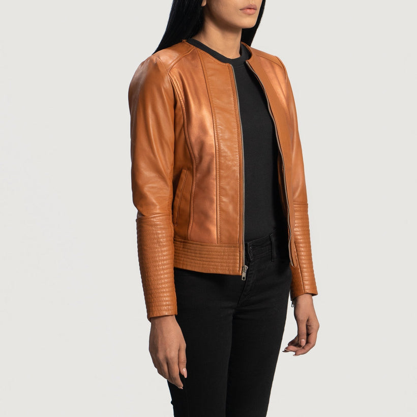 Sleeky Clean Hellbraun Leder-Bikerjacke für Damen