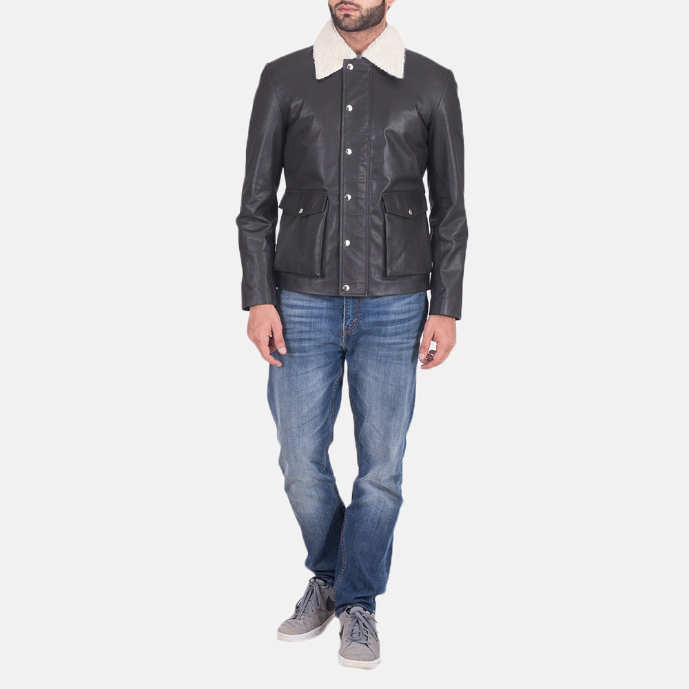 
Detailansicht of Shirt style Faux Shearling Collar & Zipper + Button Flap Hardware on Snow Cole Schwarz Lederjacke für Herren