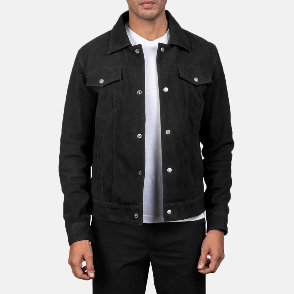 
Stallon Black Suede Jacket in Black Goatskin Suede - Vorderansicht & maßgeschneiderte Silhouette | Online Kaufen