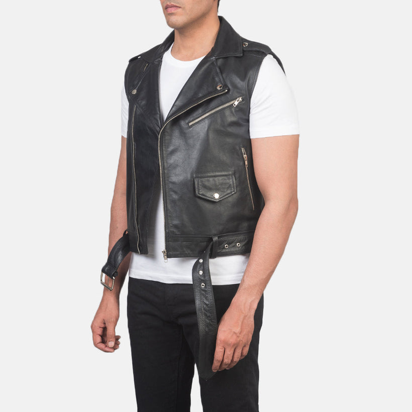 Black Cowhide Leather Biker Jacket - Back View Showing Tailored Shoulder Fit & Clean Hemline