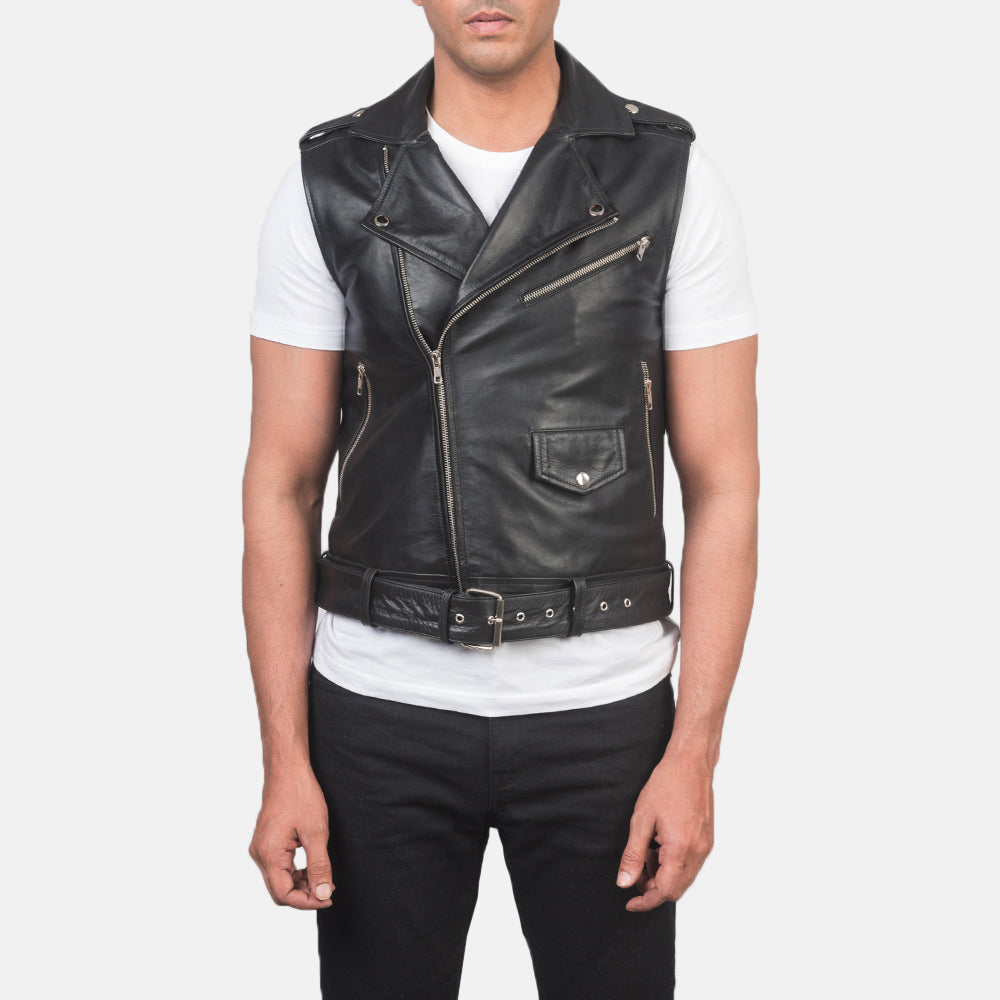 Detailansicht of Notch &amp; Zipper Hardware on Men's Sullivan Schwarz Leather Biker Vest für Herren