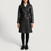
Sweet Susan Schwarz Leder-Trenchcoat für Damen - Seitenansicht mit ergonomischem Ärmelschnitt & sportlicher Passform