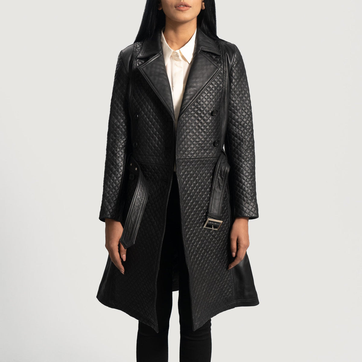 
Detailansicht of Notch & Button & waist belt Hardware on Sweet Susan Schwarz Leder-Trenchcoat für Damen