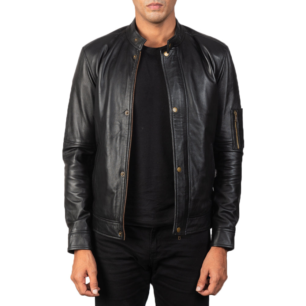 Men's Tea House Schwarz Leder-Bikerjacke für Herren in Black Sheepskin Leather - Vorderansicht &amp; maßgeschneiderte Silhouette | Online Kaufen