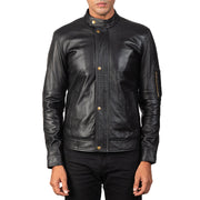 Men's Tea House Schwarz Leder-Bikerjacke für Herren - Seitenansicht mit ergonomischem Ärmelschnitt