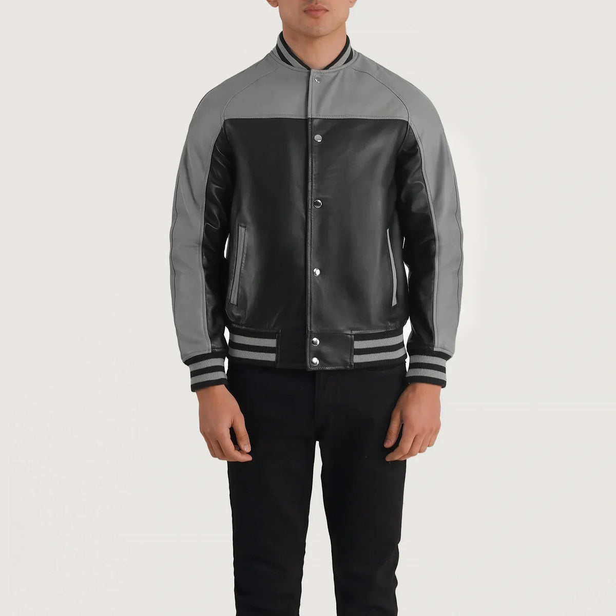 Detailansicht of Varsity &amp; Snap Buttons Hardware on Terrance Black &amp; Red Leather Varsity Jacket
