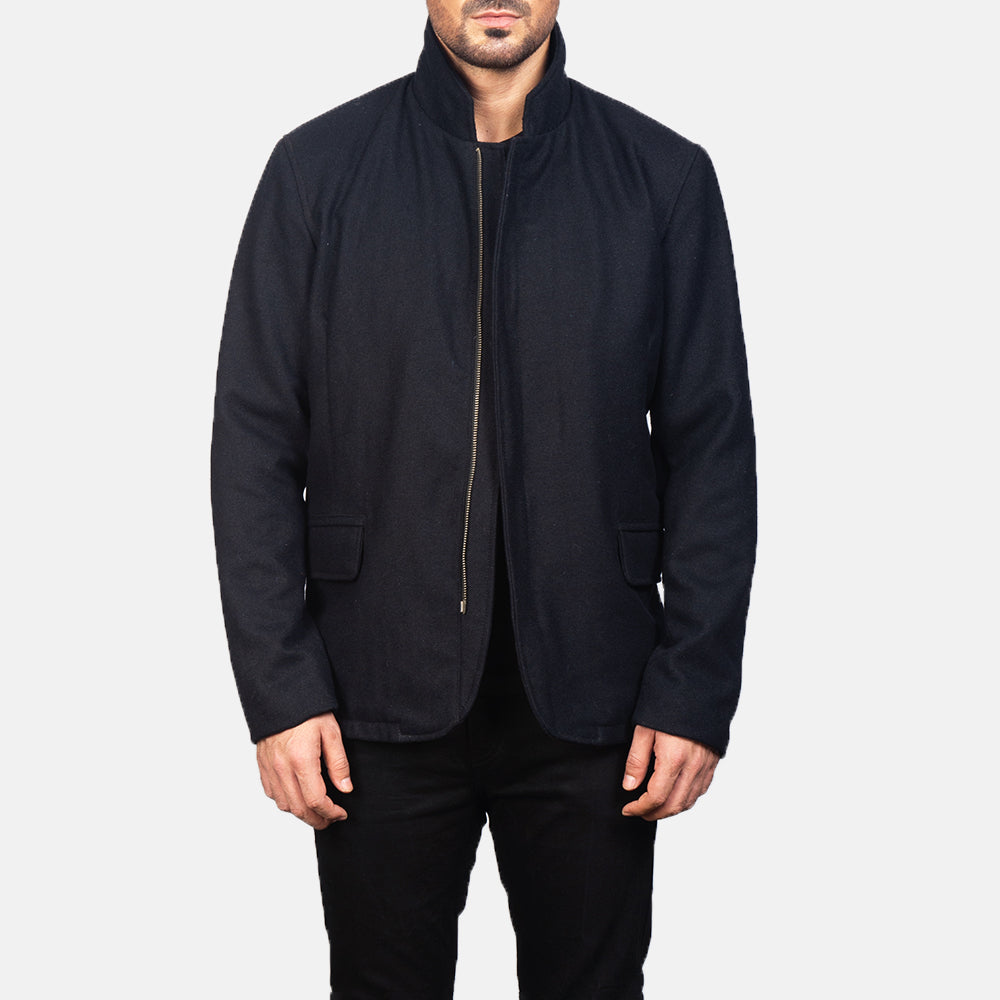 Men's Thomas Schwarz Wool Lederjacke für Herren in Black Synthetic Wool - Vorderansicht &amp; maßgeschneiderte Silhouette | Online Kaufen