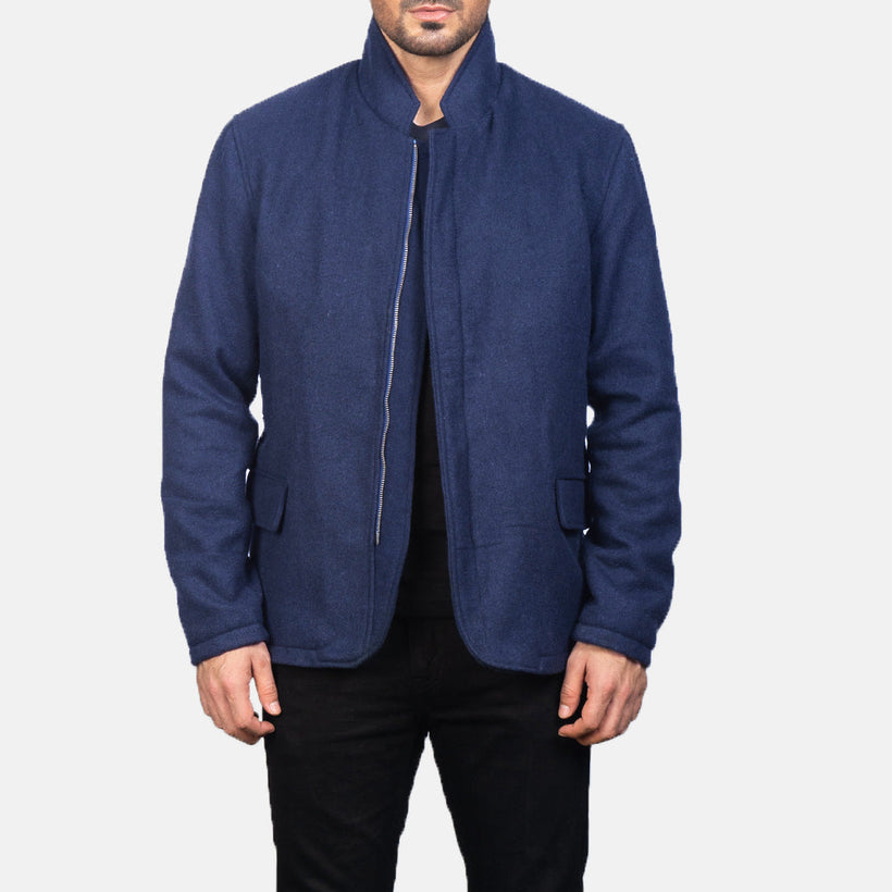Men's Thomas Blue Wool Jacket in Navy Blue Synthetic Wool - Front Profile View & Tailored Silhouette | Buy Online