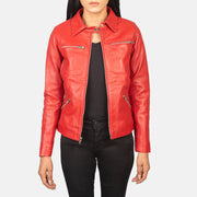 Women's Tomachi Red Leather Jacket in Red Sheep Skin Leather - Vorderansicht &amp; maßgeschneiderte Silhouette | Online Kaufen