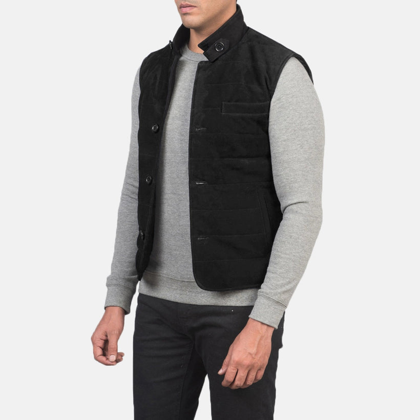 Black Goatskin Suede Leather Vest - Back View Showing Tailored Shoulder Fit & Clean Hemline