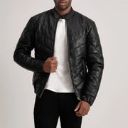 Travis Black Leather Puffer Jacket in Black Sheepskin Leather - Vorderansicht &amp; maßgeschneiderte Silhouette | Online Kaufen