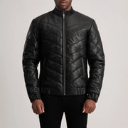 Detailansicht of Classic Collar &amp; Zipper Hardware on Travis Black Leather Puffer Jacket