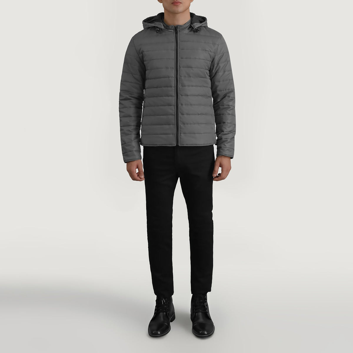 Tyler Grau Hooded Puffer Lederjacke für Herren - Seitenansicht mit ergonomischem Ärmelschnitt