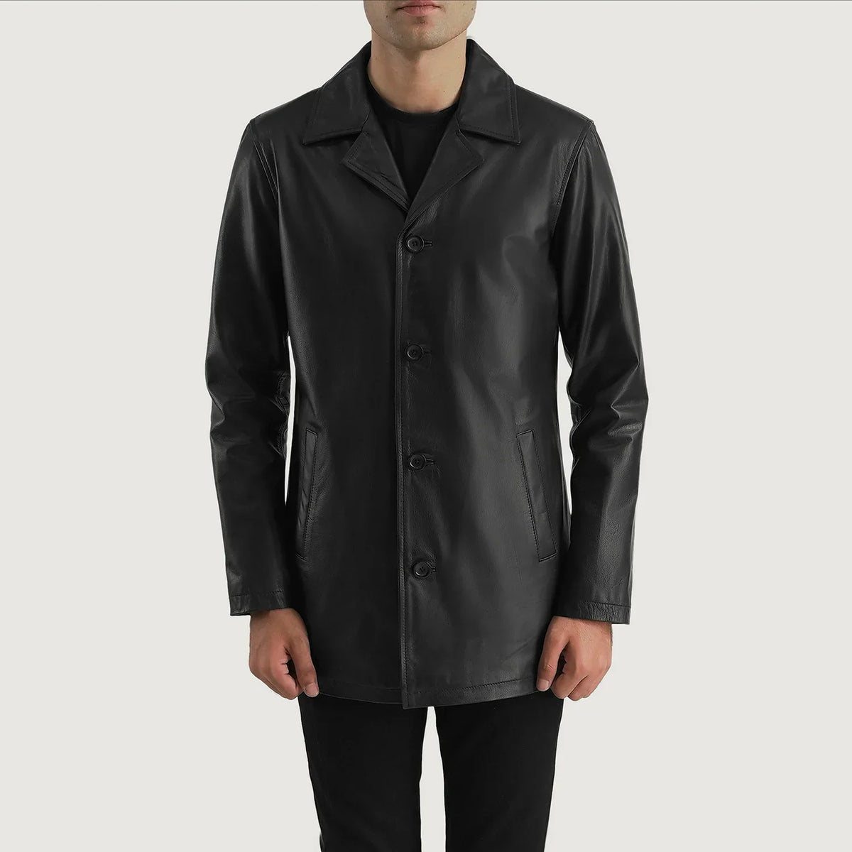 
Urban Slate Schwarz Ledermantel für Herren in Black Cowhide (Lt-071) Leather - Vorderansicht & maßgeschneiderte Silhouette | Online Kaufen