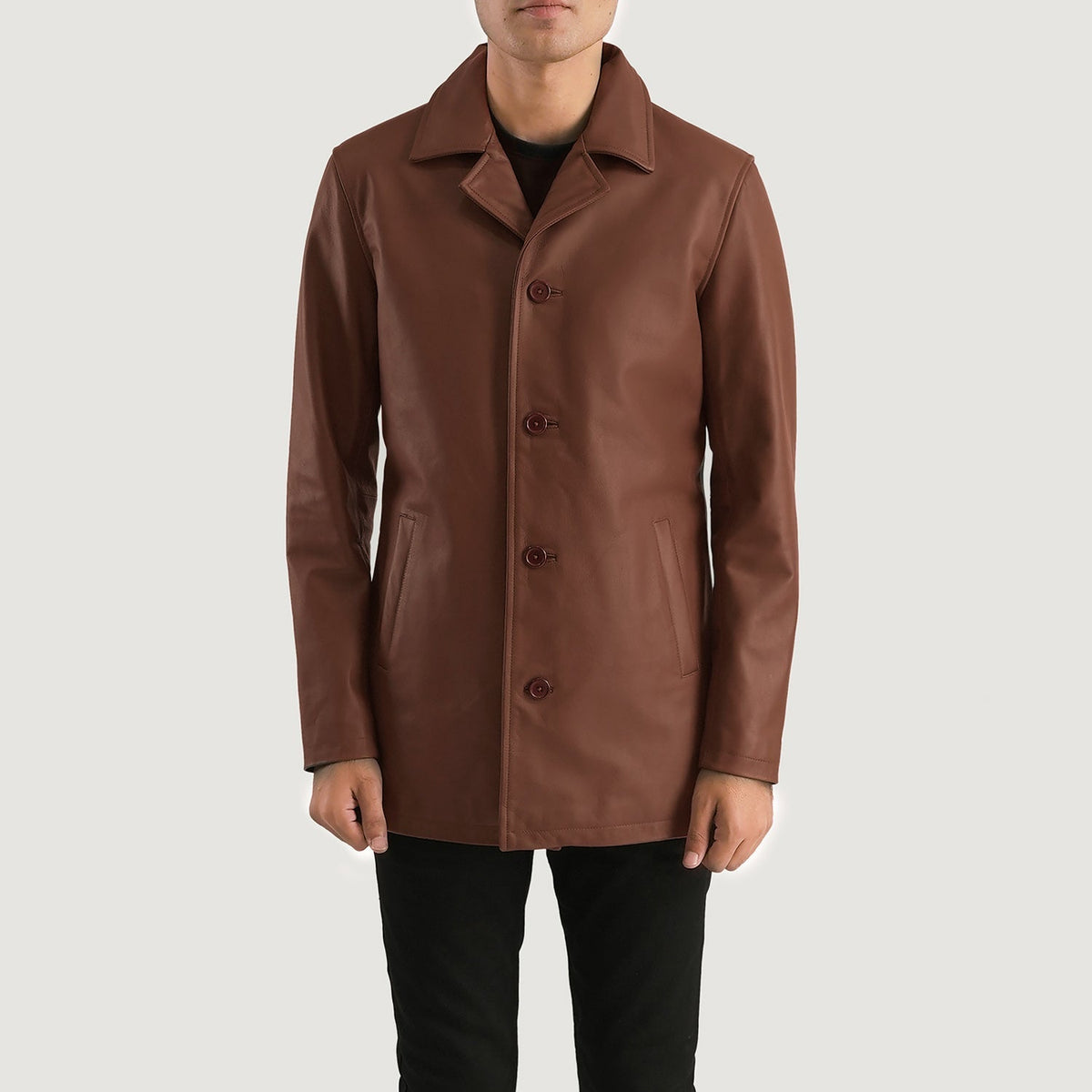 Urban Slate Braun Ledermantel für Herren in Brown Cowhide Leather - Vorderansicht &amp; maßgeschneiderte Silhouette | Online Kaufen