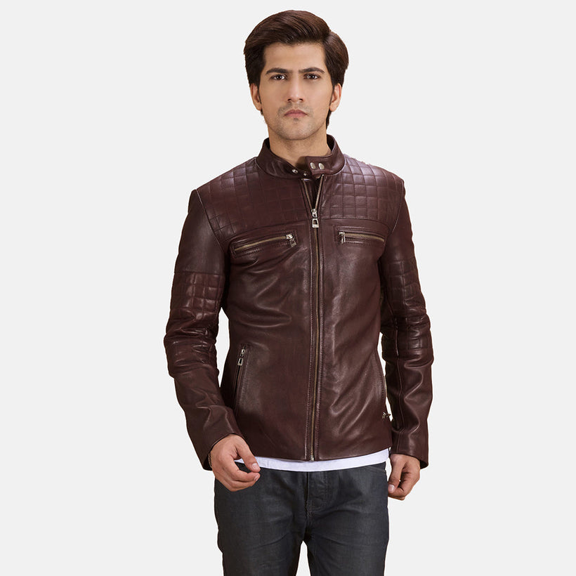 Urbane Gesteppt Kastanienbraun Leder-Bikerjacke für Herren