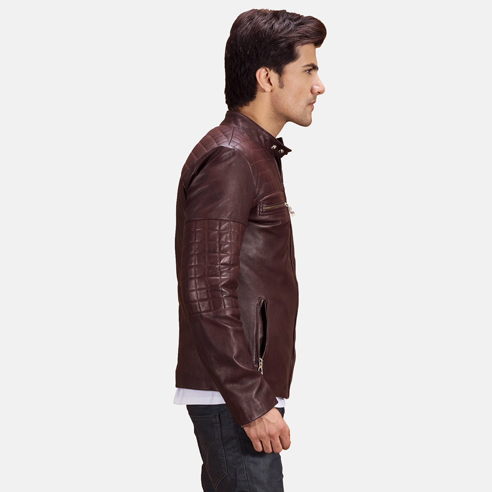 Maroon Sheepskin Leather Biker Jacket - Rückansicht mit passgenauen Schultern &amp; sauberem Saum