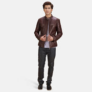 Detailansicht of Band with snap button &amp; Zipper Hardware on Urbane Gesteppt Kastanienbraun Leder-Bikerjacke für Herren