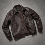 Tailored Rib Cuffs &amp; Hem Craftsmanship Construction Detail on Dark Braun Sheepskin Leder-Bomberjacke für Herren