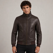 Dark Braun Sheepskin Leder-Bomberjacke für Herren in Dark Brown Authentic Sheepskin &amp;Amp; Shearling - Vorderansicht &amp; maßgeschneiderte Silhouette | Online Kaufen
