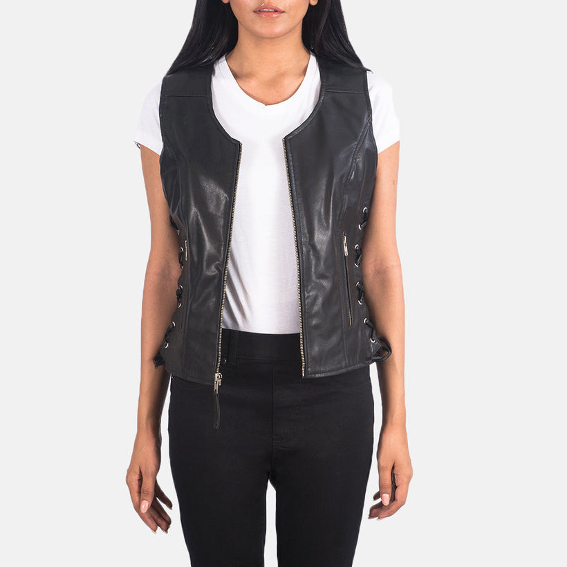 Vanda Schwarz Leather Biker Vest für Damen