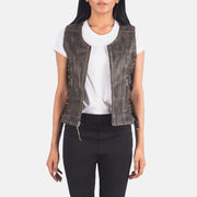 
Vanda Vintage-Braun Leather Biker Vest für Damen in Distressed Brown Goatskin Leather - Vorderansicht & maßgeschneiderte Silhouette | Online Kaufen