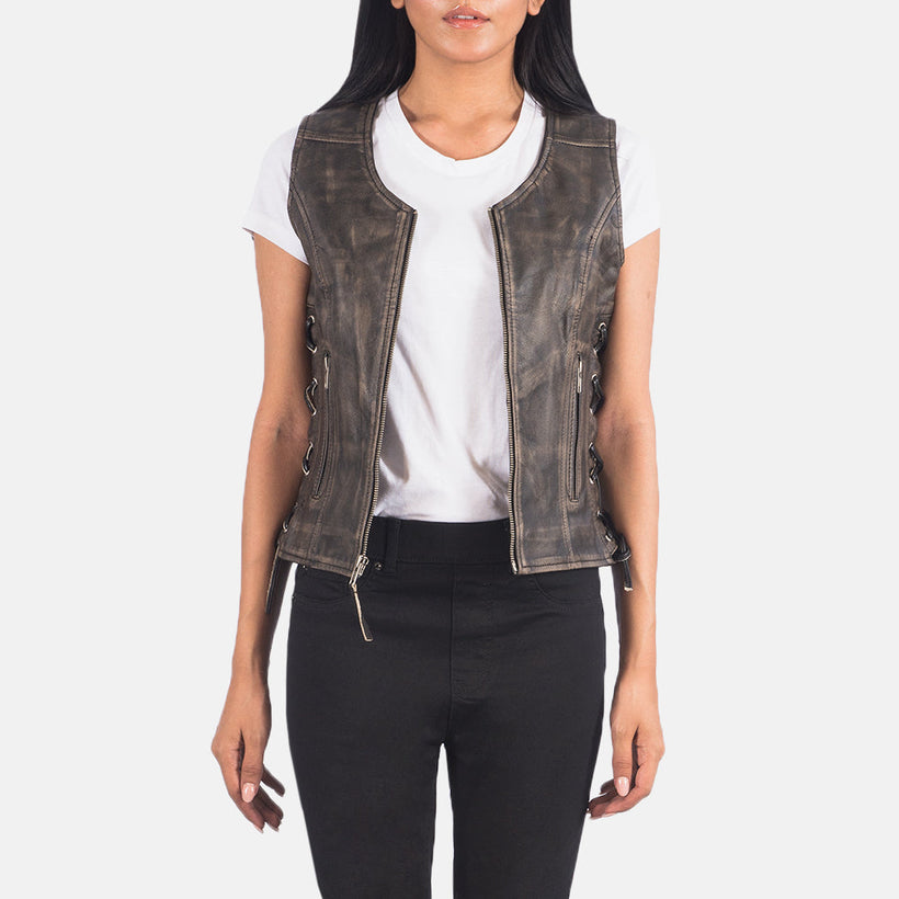 Vanda Distressed Braun Leather Biker Vest für Damen