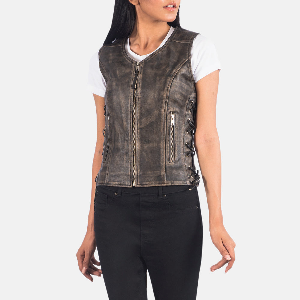 
Detailansicht of V-neck & Zipper Hardware on Vanda Vintage-Braun Leather Biker Vest für Damen