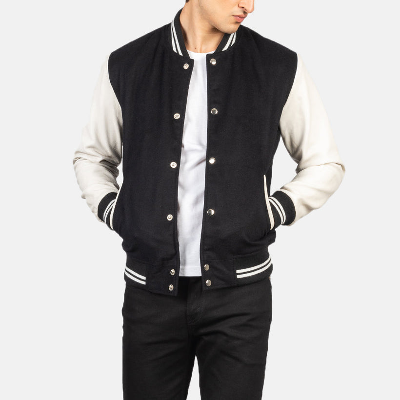 Vaxton Schwarz & Weiß Hybrid Varsity Lederjacke für Herren