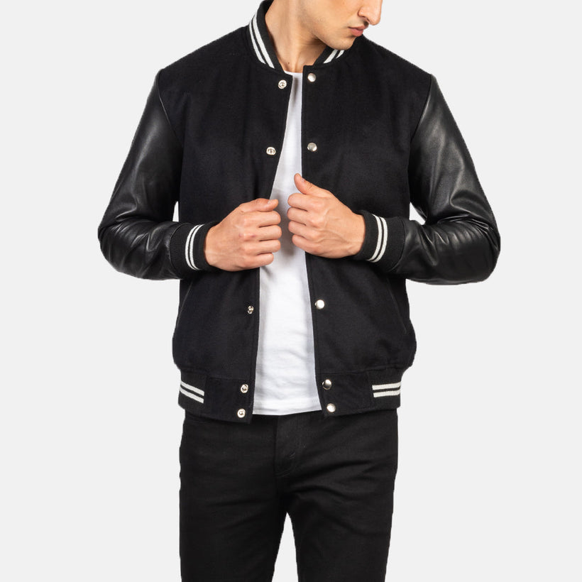 Vaxton Schwarz Striped Hybrid Varsity Lederjacke für Herren