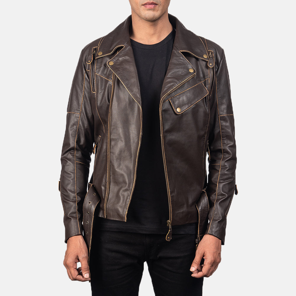 Zipper &amp; Hem Craftsmanship Construction Detail on Men's Vincent Black Leather Biker Jacket