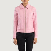 
Detailansicht von Kragen & Reißverschluss an Vixen Pink Classic Collar Leather Jacket