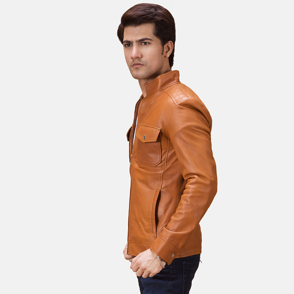 Tan Brown Sheepskin Leather Biker Jacket - Rückansicht mit passgenauen Schultern &amp; sauberem Saum