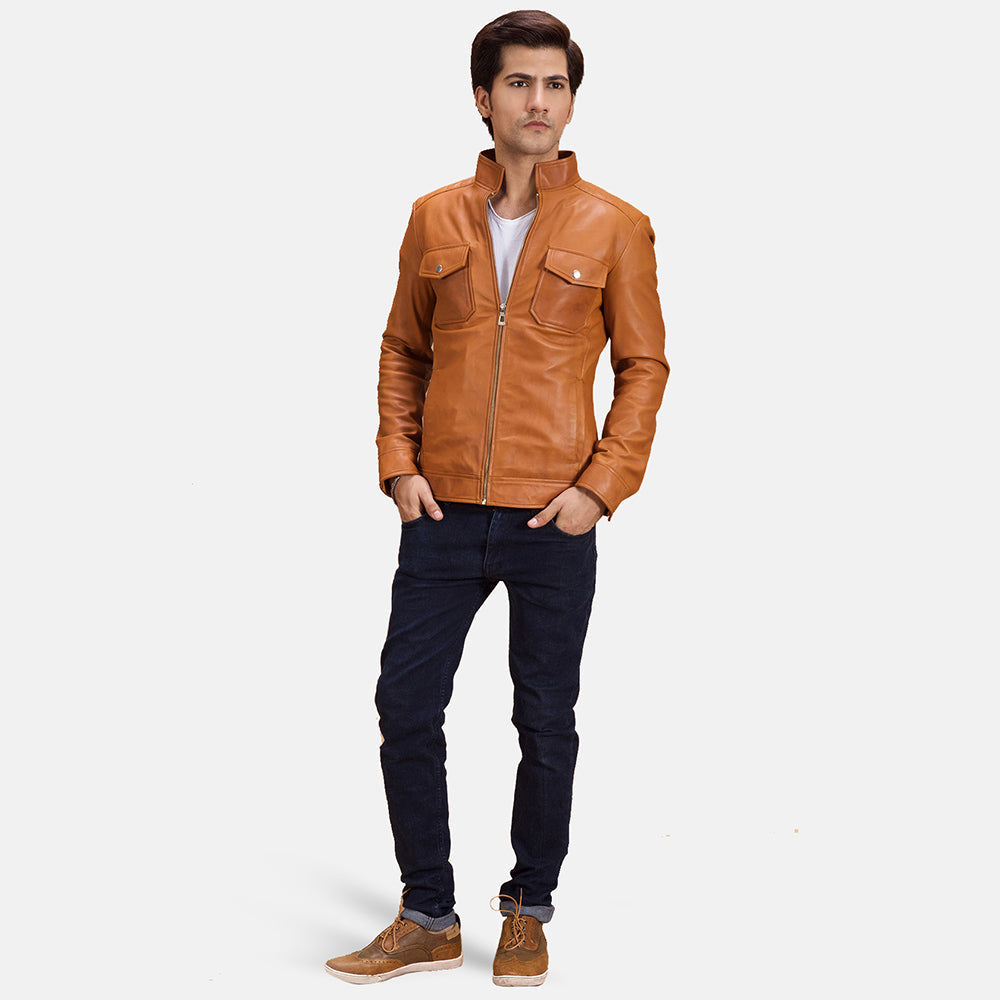 Voltex Hellbraun Leder-Bikerjacke für Herren - Seitenansicht mit ergonomischem Ärmelschnitt