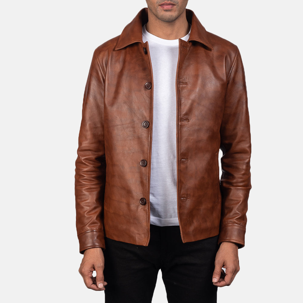 Waffle Braun Lederjacke für Herren in Distressed Brown Sheepskin Burnishing - Vorderansicht &amp; maßgeschneiderte Silhouette | Online Kaufen