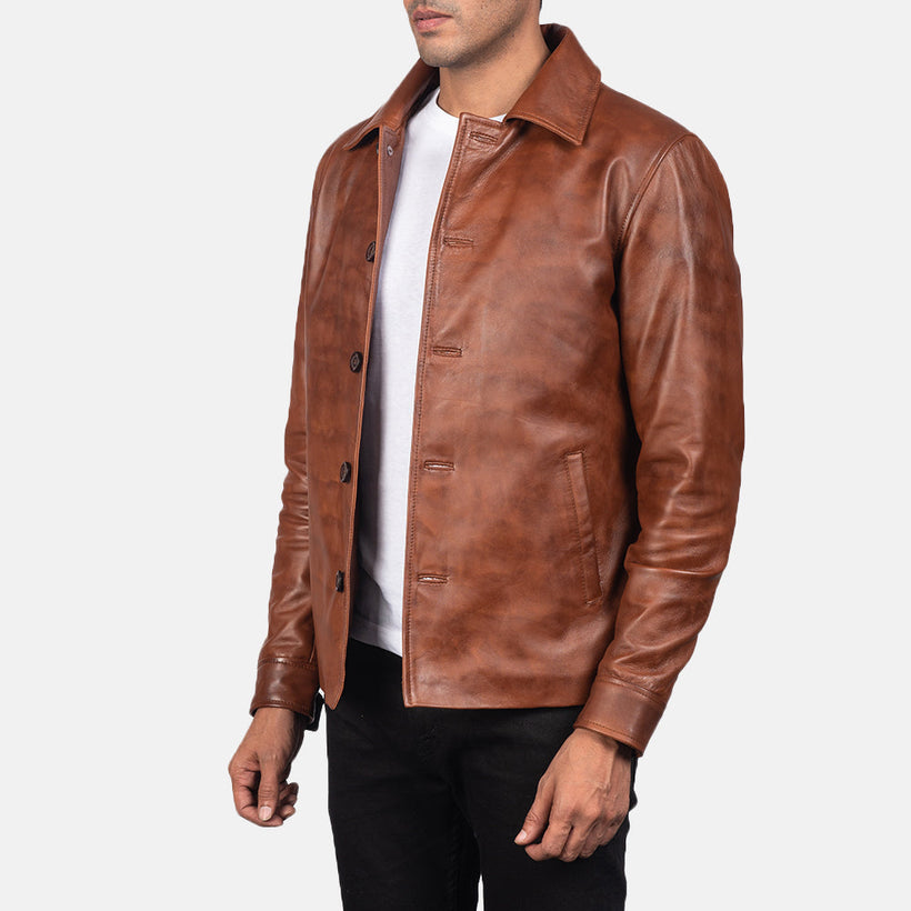 Distressed Brown Sheepskin Burnishing Leather Jacket - Back View Showing Tailored Shoulder Fit & Clean Hemline