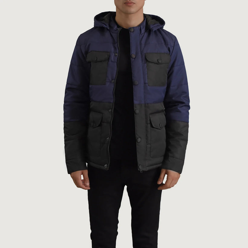 Wayne Schwarz & Blau Hooded Puffer Lederjacke für Herren