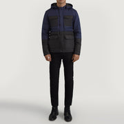 
Wayne Schwarz & Blau Hooded Puffer Lederjacke für Herren - Seitenansicht mit ergonomischem Ärmelschnitt & sportlicher Passform