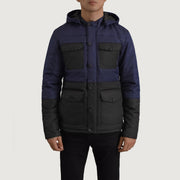 
Detailansicht of Classic Collar & Heavy-Duty Zipper Hardware on Wayne Schwarz & Blau Hooded Puffer Lederjacke für Herren