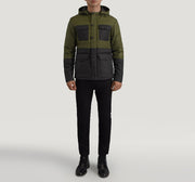 
Wayne Schwarz & Grün Hooded Puffer Lederjacke für Herren - Seitenansicht mit ergonomischem Ärmelschnitt & sportlicher Passform