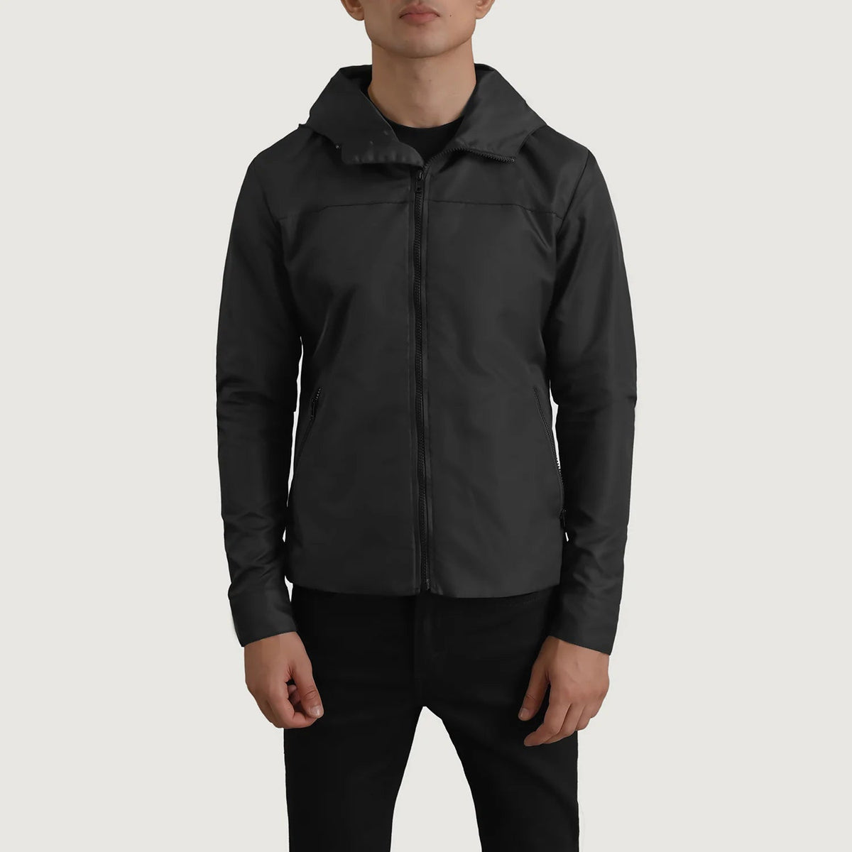 
Detailansicht of Classic Collar & Zipper With Inside Wind Flap. Hardware on Wesley Schwarz Hooded Windbreaker Lederjacke für Herren